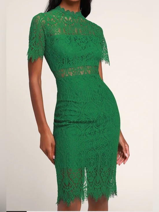 Lulus Dresses & Skirts - 🟢 LULUS REMARKABLE GREEN SHEER LACE SHORT SLEEVE MINI DRESS - SIZE LARGE - NEW 🟢